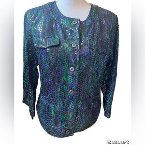 Ruby Rd. Jacket. Shiny Black/purple/Green Button Up 3/4 Sleeve Size 14
